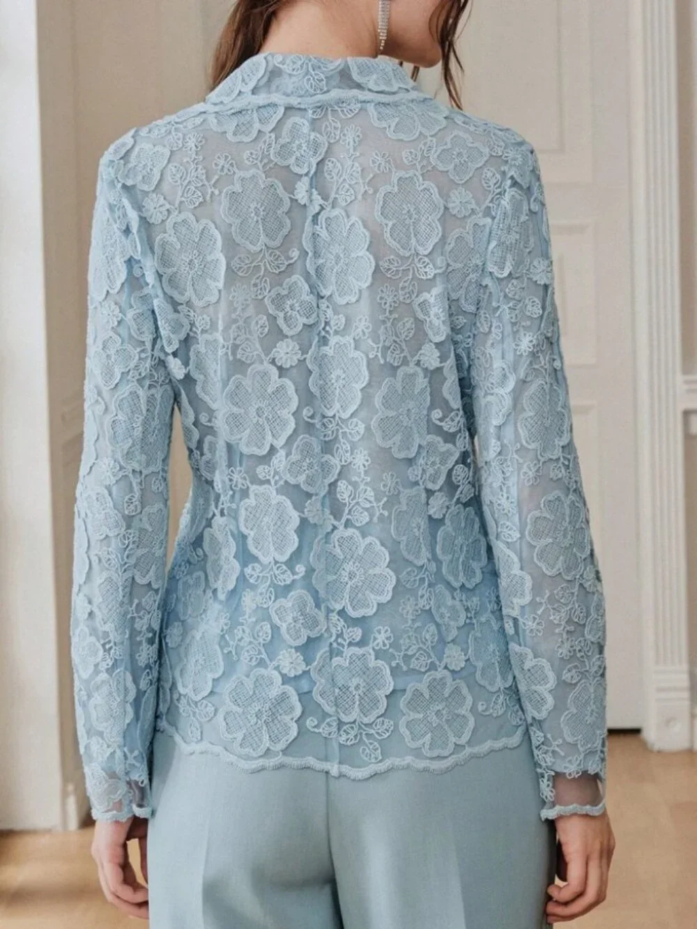 Dusty Blue Sheer Floral Lace Blazer with Notched Lapel